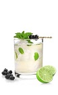 The Acai Mojito drink recipe is a blast of anti-oxidant berries in a glass. Made from VeeV acai liqueur, lime, agave nectar, blueberries, mint and club soda, and served over ice in a rocks glass.