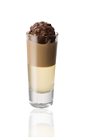 The African Delight is a brown and cream colored shot made from Amarula cream liqueur and Frangelico hazelnut liqueur, and served layered in a chilled shot glass.