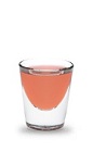 The Atomic Fireball is a peach colored shot made form Hot Damn cinnamon schnapps and Jim Beam bourbon, and served in a chilled shot glass.