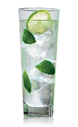 The Bacardi Mojito is a clear drink made from Bacardi rum, lime, simple syrup and mint, and served over ice in a collins glass.