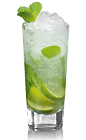 The Bacardi Mojito is made from Bacardi rum, mint, lime, simple syrup and club soda, and served over ice in a highball glass.