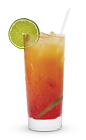 The Bay Breeze is an orange and red drink made from Cruzan rum, pineapple juice and cranberry juice, and served over ice in a highball glass.