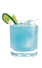 The Blue Bullet is a blue drink made from Hpnotiq liqueur, tequila and club soda, and served over ice in a rocks glass.