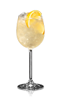 The Century Club Punch is made from Bacardi golden rum, Bacardi Superior rum, lemon juice, sugar and water, and served over ice in a wine glass.