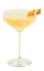 The Colchique is and orange colored cocktail made from Pisco, St-Germain elderflower liqueur, lemon juice, orange juice, grapefruit juice and orange flower water, and served in a chilled cocktail glass.