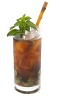 The Culebra cocktail is a brown colored drink recipe made from Luxardo amaretto, lime juice, mint, Coca-Cola and bitters, and served over ice in a highball glass garnished with a stalk of sugar cane.