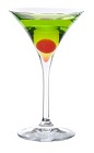 The Emerald Martini cocktail is made from Midori melon liqueur and SKYY vodka, and served in a chilled cocktail glass.