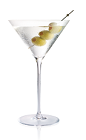 The Filthy Dirty Martini is made from Stoli vodka and olive juice, and served in a chilled cocktail glass, garnished with olives.