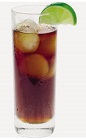 The Fluke cocktail recipe is a brown colored drink made from Burnett's spiced rum, cola and lime, and served over ice in a highball glass.