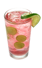 The Grape Cod is a pink drink made from Smirnoff grape vodka, cognac, Cointreau, cranberry juice, lime juice and simple syrup, and served with lime in a highball glass.