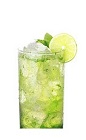 The Herb Cane drink recipe is a green colored drink made from Boca Loca cachaca, green Chartreuse, simple syrup, mint, basil, lemon juice and club soda, and served over ice in a highball glass.