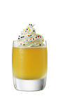 The Iced Birthday Cake is an orange colored shot made from Smirnoff Iced Cake vodka, hazelnut liqueur, pineapple juice and whipped cream, and served in a chilled shot glass.