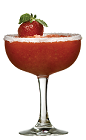 The Luna Strawberry Margarita drink recipe is a red colored cocktail made from Lunazul blanco tequila, lime juice, strawberries and simple syrup, and served blended in a chilled margarita glass.
