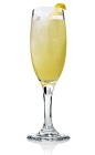 The Manhattan Standoff is a yellow drink made from Patron tequila, elderflower liqueur, pear juice and champagne, and served in a chilled champagne glass.