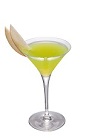 The Midori Honey Moon cocktail is made from white wine, Midori melon liqueur, slivovitz, lime juice and apple juice, and served in a chilled cocktail glass.