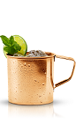 This variation of the classic Moscow Mule drink is made from New Amsterdam vodka, ginger beer, simple syrup, lime juice, mint and lime, and served over ice in a rocks glass.