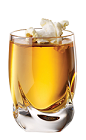 The Movie Night is an orange colored shot made from Tuaca vanilla citrus liqueur, butterscotch schnapps, salt and popcorn, and served in a chilled shot glass.