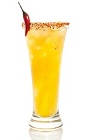The Passionate is a yellow drink made from tequila, pink pepper, jalapeno, passion fruit and pineapple, and served over ice in a highball glass.