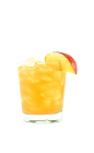 The Peaches and Cream is a yellow drink made from Smirnoff whipped vodka, peach schnapps, peach puree and sweet & sour mix, and served over ice in a rocks glass.