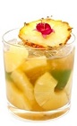 The Pina del Este cocktail recipe is a fruity concoction made from amaretto, lime, pineapple, simple syrup and pisco, and served over ice in a rocks glass.