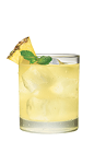The Pineapple and Soda is a yellow colored drink made from Smirnoff pineapple vodka, club soda, pineapple and mint, and served over ice in a rocks glass.