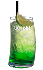 The Pisang Long is a green colored drink recipe made from pisang liqueur, lime juice and Sprite, and served over ice in a highball glass garnished with a lime wedge.