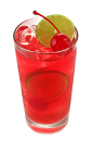The Pomegranate Cherry Limeade is a red colored drink made from Smirnoff pomegranate vodka, lemonade, lemon-lime soda, cherry syrup and lime, and served over ice in a highball glass.