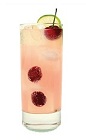The Pretty Rickey is a pink colored drink made from silver tequila, St-Germain elderflower liqueur, lime juice, cherries and club soda, and served over ice in a highball glass.