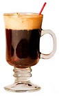 The Pumpkin Spiced Latte is a brown drink made from Patron XO Cafe liqueur, Fulton's Harvest pumpkin pie cream liqueur, coffee, sugar and whipped cream, and served in a warm Irish coffee glass.