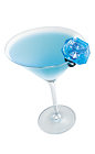 The Put a Rings on It is a blue colored cocktail made from Hpnotiq, whipped cream vodka, peach schnapps and lemon-lime soda, and served in a chilled cocktail glass.