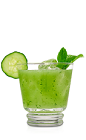 The Qucumber Mojito cocktail is a green colored drink recipe made from Don Q Limon rum, mint, cucumber juice, lime juice, simple syrup and cucumber, and served over ice in a rocks glass.