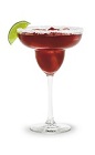 The Razz Margarita is a red cocktail made from raspberry schnapps, triple sec, tequila and sour mix, and served in a salt-rimmed margarita glass.