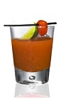 The Road to Jalisco is a red colored drink made from Patron tequila, bloody Mary mix and jalapeno, and served over ice in a rocks glass.