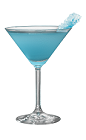 The Rock Candy Martini is a blue cocktail made from Hpnotiq liqueur, citrus vodka and white cranberry juice, and served in a chilled cocktail glass.