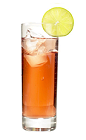 The Rusoposki drink recipe is an orange colored cocktail made from Chymos Lingonberry wine, apple-vanilla liqueur and tonic water, and served over ice in a highball glass garnished with a lime slice.