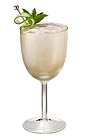 The San Tropez cocktail is made from Chambord flavored vodka, lime juice, simple syrup, mint leaves, cucumber, heavy cream and ginger ale, and served in a chilled wine glass.