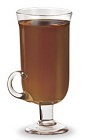 The Ski Lift is a brown cocktail made from peach schnapps, rum and hot chocolate, and served in a warm coffee glass.