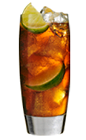 The SoCo Lime Cola is a brown colored drink made from Southern Comfort Lime and cola, and served over ice in a highball glass.