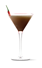 The Sriracha Chocolate Chili Martini cocktail recipe is a brown colored drink made from UV Sriracha vodka and Trader Vic's chocolate liqueur, and served in a chilled cocktail glass.