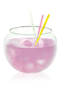 The Stiletto Sangria is a pink drink made from Hpnotiq Harmonie, white wine and club soda, and served over ice in a rocks glass.