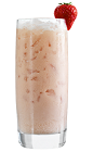 The Strawberry Colada is a frozen pink drink made from Rose's strawberry cordial, rum, pineapple juice, coconut cream and strawberry, and served in a highball glass.