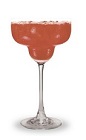 The Strawberry Margarita is a red cocktail made from triple sec, strawberry schnapps, tequila and sour mix, and served in a margarita glass.