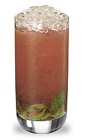The Strawberry Mojito is a peach colored drink made from strawberry schnapps, rum, simple syrup, lime juice, mint and club soda, and served over crushed ice in a highball glass.