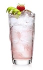 The Swirl Lemon is a creamy pink colored drink made from Malibu Swirl, lime, strawberry and lemon-lime soda, and served over ice in a highball glass.