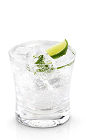 The Smoothest Gin and Tonic is a clear colored drink made from New Amsterdam gin, tonic water and lime, and served over ice in a rocks glass.