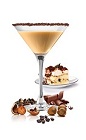 The Tiramisu Martini is an elegant dessert drink fashioned after the classic Italian Tiramisu dessert. A brown cocktail made from Frangelico hazelnut liqueur, SKYY vodka, Carolans Irish cream and espresso, and served in a chocolate-rimmed cocktail glass.