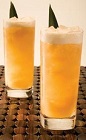 The Tropic Cana Caipirinha is a tropical orange colored drink recipe made from Leblon cachaca, Disaronno amaretto, pineapple juice, guava juice, lime juice and cinnamon, and served over ice in a highball glass.