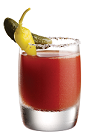 The Tuaca Bloody Mary is a red colored shot made from Tuaca vanilla citrus liqueur, bloody mary mix, gherkin pickle and a pickled pepper, and served in a salt and pepper-rimmed double shot glass.