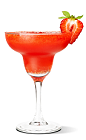 The Vacation cocktail recipe is a red colored tropical drink made from UV Coconut vodka, spiced rum, strawberries and daiquiri mix, and served blended in a chilled margarita glass.