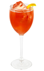 The Vodka First Glance is a red colored cocktail made from Effen vodka, Aperol, grapefruit juice, pomegranate juice, lemon juice, simple syrup and Prosecco, and served over ice in a wine glass.